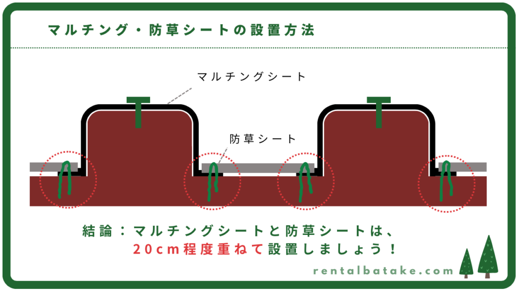 マルチングシートの取り付け方法のコツを説明する図